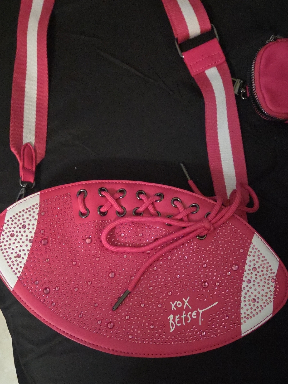 Betsey Johnson Hot Pink Rhinestone Football Crossbody with Striped Strap